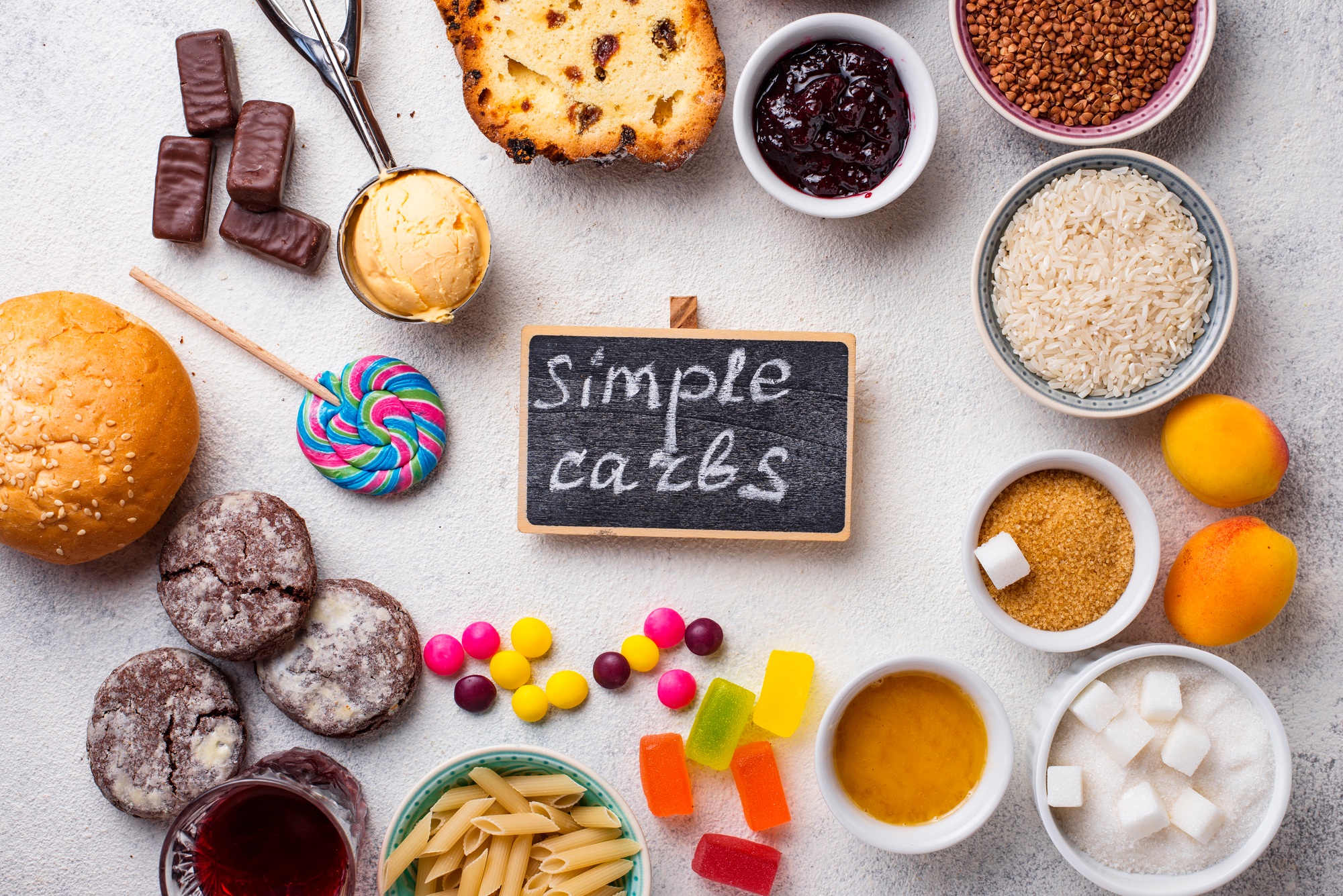 Assortment of simple carbohydrates food